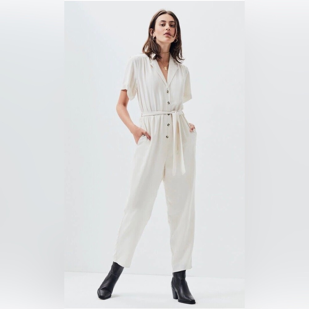MINKPINK Cream Jumpsuit with Tie Waist and Wide-Leg Pants